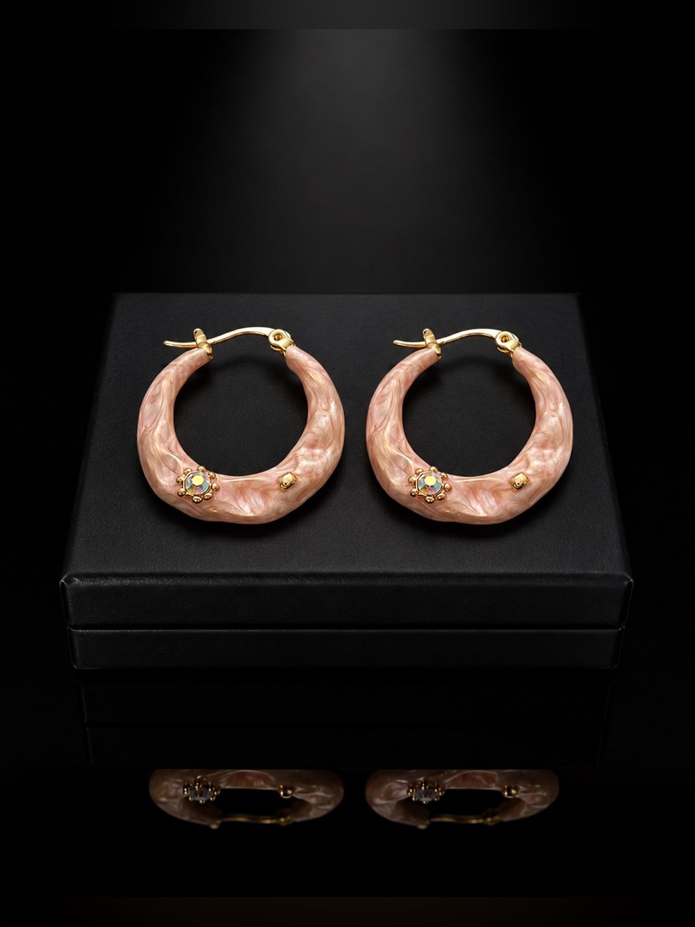 Pink Marbled Hoop Earrings With Gold And Crystal Accents